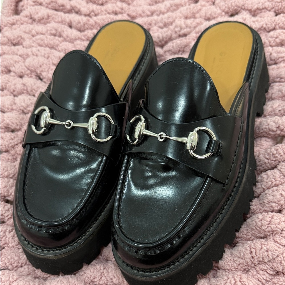 Gucci Black Leather Mules with Silver Hardware